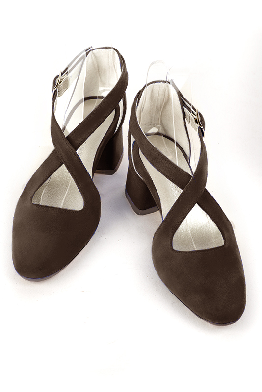 Women's dark brown elegant closed-back heels, with crossed straps. .  - Top view